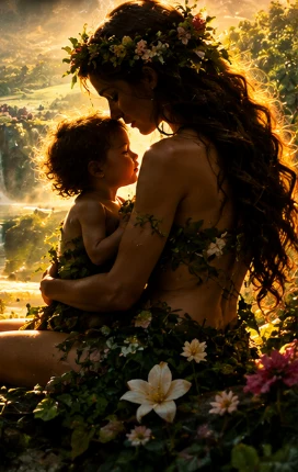 Eve holding her child in the garden
